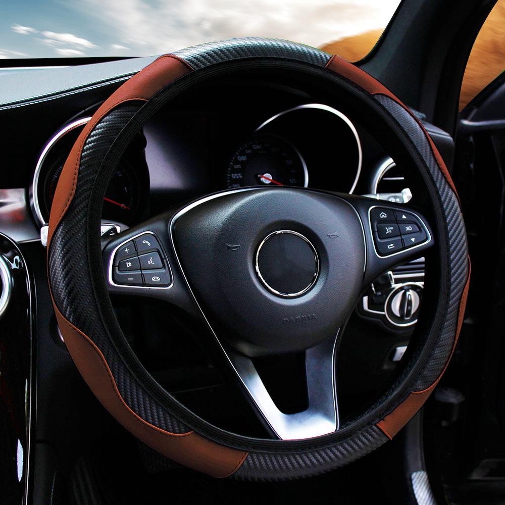 Carbon Fiber Car Steering Wheel Cover Universal 15 Inch Leather Elastic Steering Wheel Protector For Steering Wheel 38 Cm