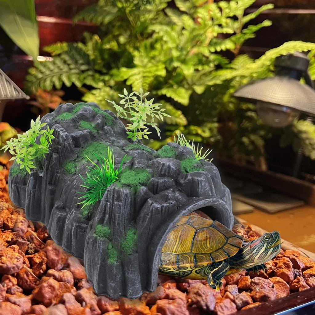 Fish Tank Hideout Cave Decor,Resin Rock Mountain Tunnel with Moss Plants Betta Cichlid Habitat Shelter for Aquarium Fish Tank Accessories 9.5 x 6 x 4