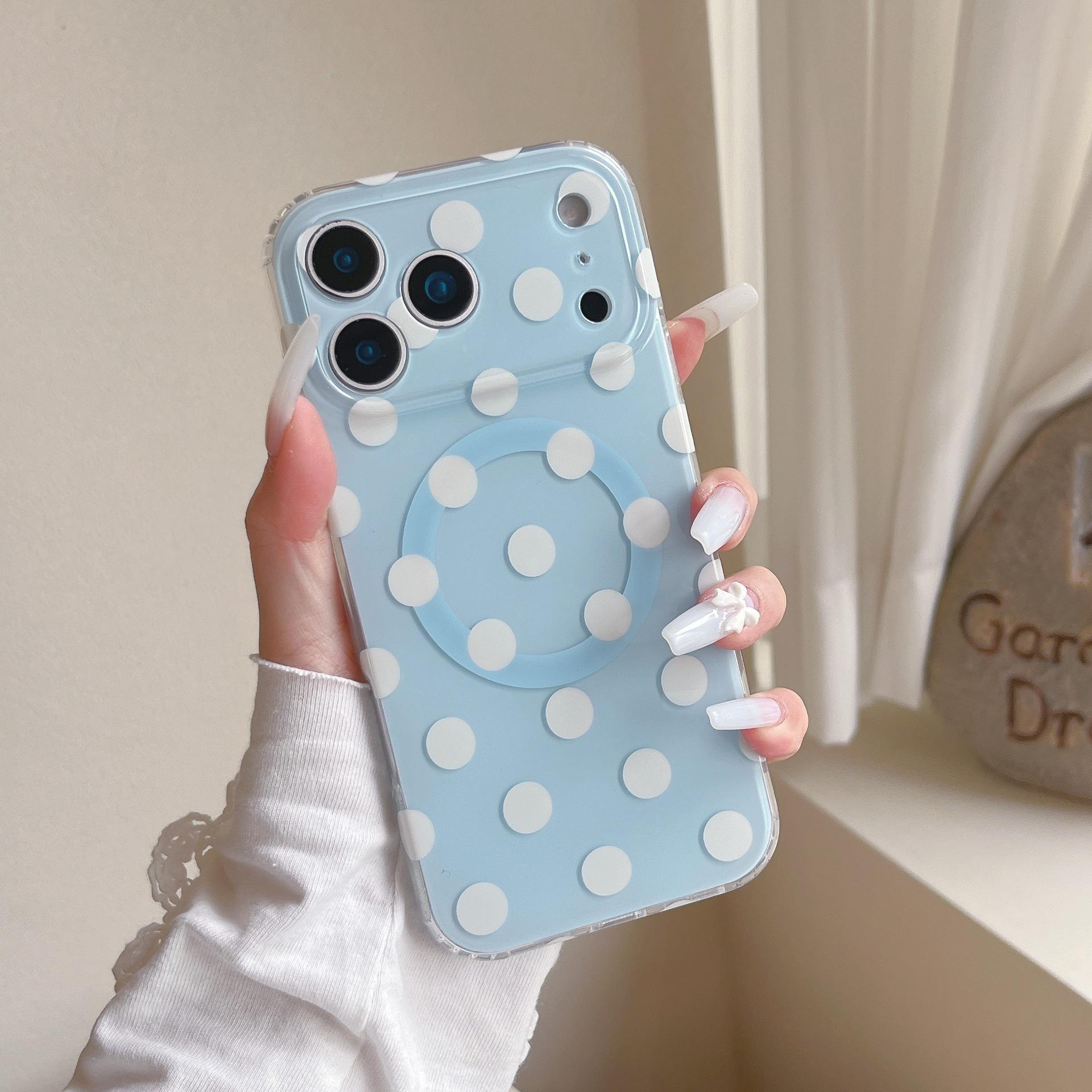 Korean Style Polka Dot Magnetic Case for iPhone 17 Pro Max & Apple 16, Double Layer IMD 15 Pro