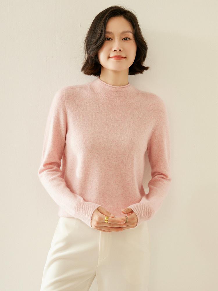 Women's Cashmere Half-High Collar Sweater: Autumn/Winter Style, Twelve-Stitch Rolled Hem, Loose Slimming Knit Base Layer