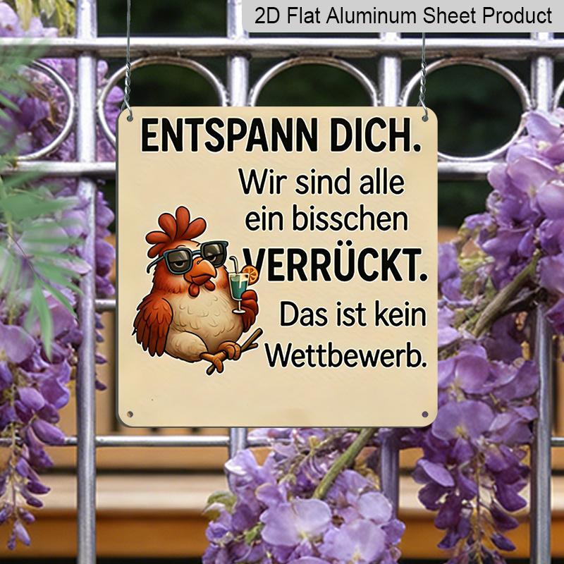2D Flat, 1pc Vintage Chicken Metal Aluminum Sign with Humorous German Quote - Rustic Wall Art for Farmhouse, Cafe, Porch Decor - Funny Gift for