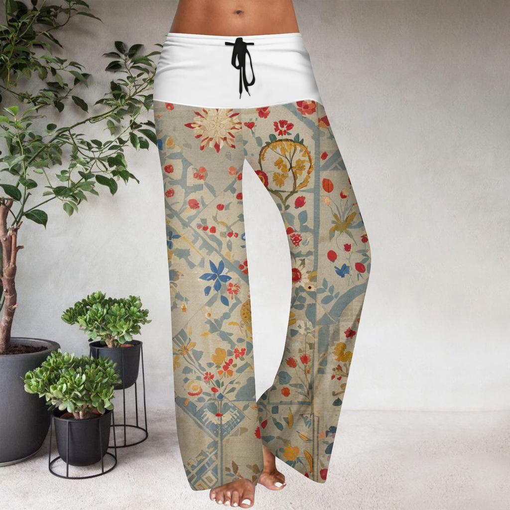 Pantaloni Casual Largi cu Talie Elastică cu Șnur pentru Femei, cu Imprimeu Floral și Blocuri de Culoare