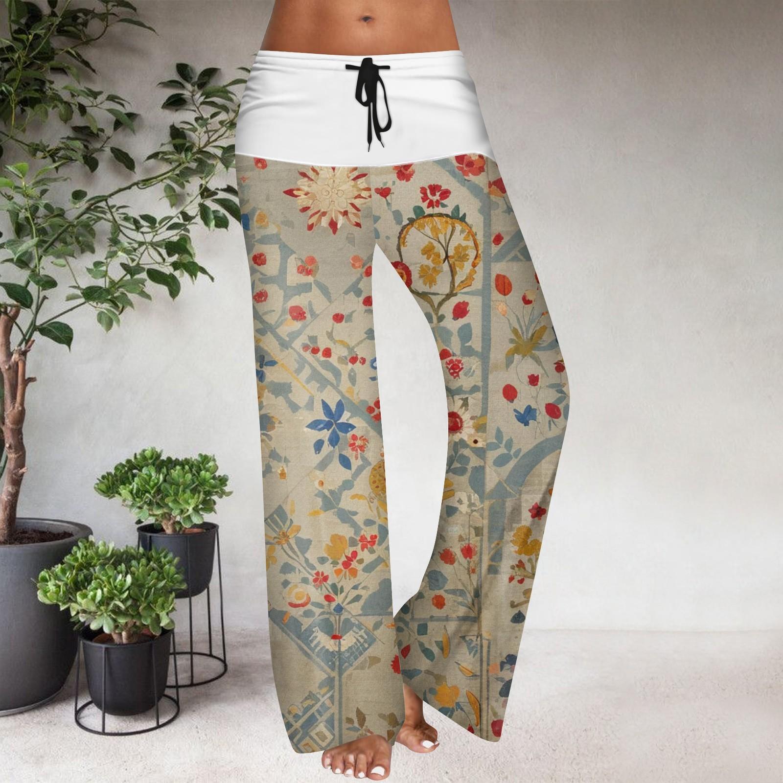 

Women s Drawstring Elastic Waistband Wide Leg Color Matching Floral Printed Casual Pants M