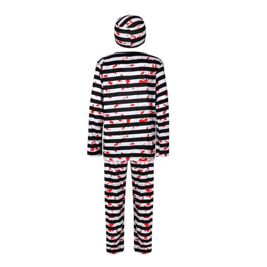 4Pcs/Set Halloween Outfit Adult Kid Prisoner Costume with Classic Robe Style Striped Print Role-Playing Tops Pants Hat Chain Set