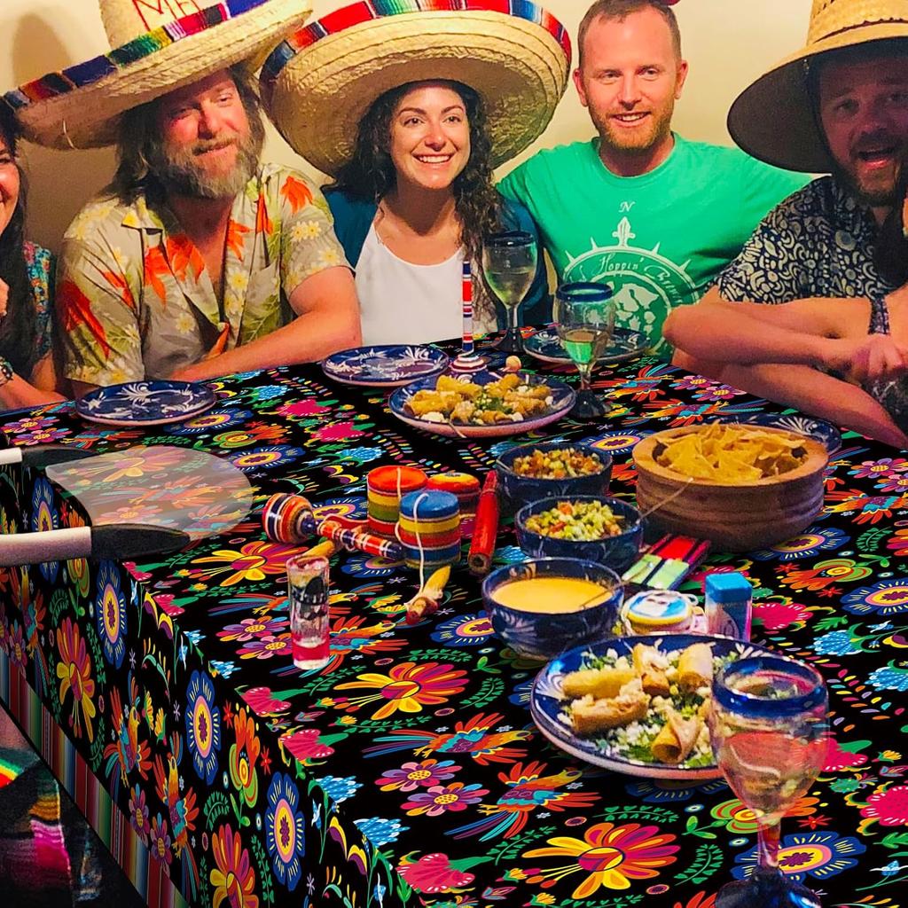 3 Pieces 54 x 108 Inches Mexican Fiesta Plastic Tablecloth, Disposable Rectangle Table Covers with Floral and Serape Stripe for Cinco de Mayo, Taco