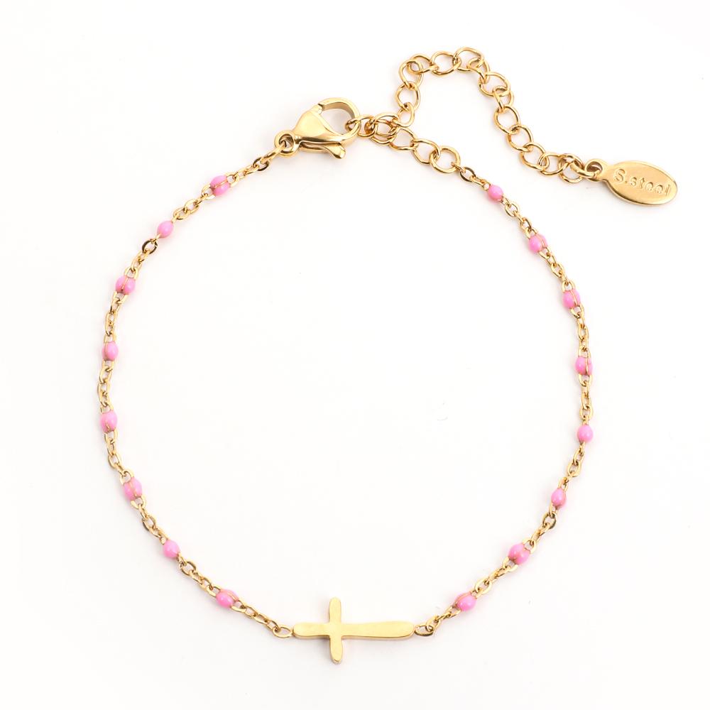 

ZMZY Girls Boho Thin Chain Stainless Steel Bracelets For Women Gold Color Peach Pink Cross Charm Beautiful Gift персиковий
