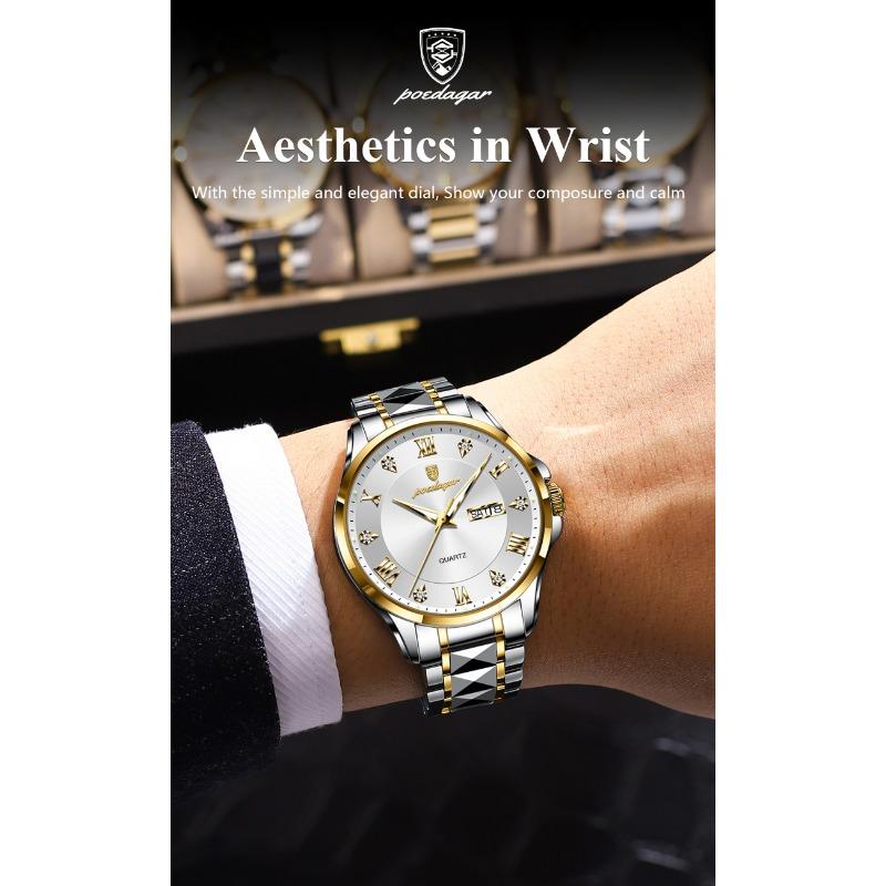 POEDAGAR Fashion Military Men Clock Waterproof Luminous Date Week Man Wristwatch Stainless Steel Quartz Watches Male Reloj