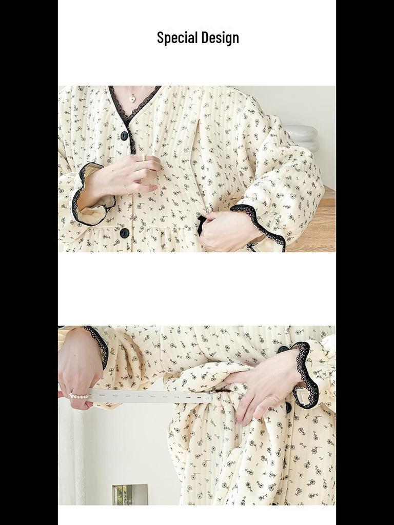 2024 Warmer Umstandspyjama aus Air-Baumwolle mit Zwischenschicht – Strickjacke mit Rundhalsausschnitt und Stillzugang für Herbst/Winter.