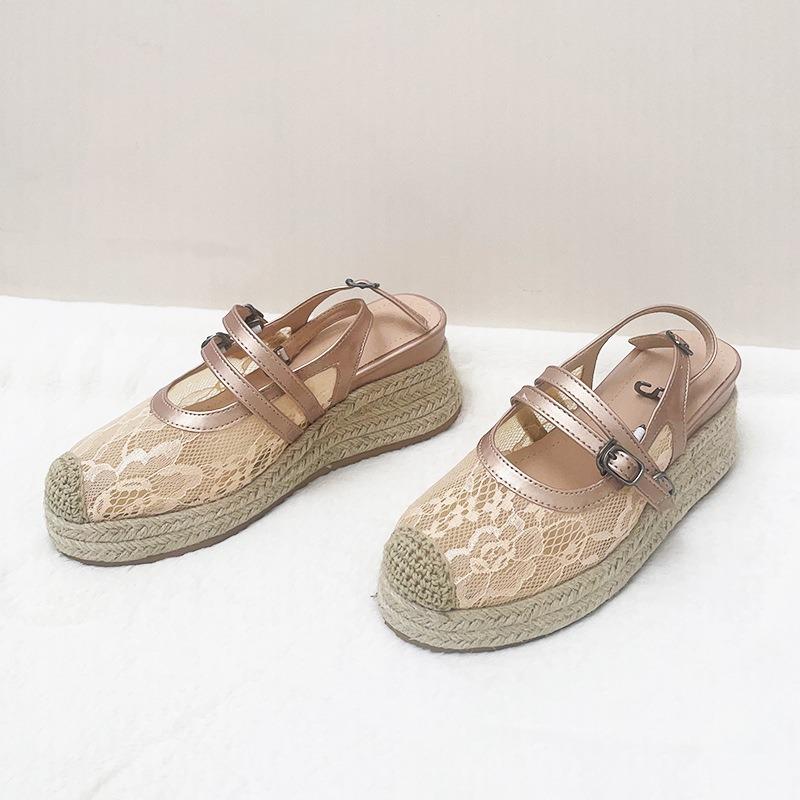 Summer Bag Head Sandals Women's New Lace Mesh Hollow Breathable Platform Shoes Straw Fisherman Shoes with Skirt