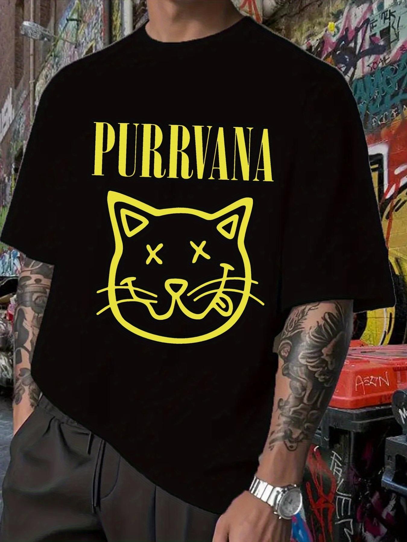 

Black T-shirt with Bold Purrvana Cat Graphic - Stretchy Soft Everyday Tee for Concerts XXXXL