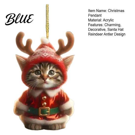 Cute Cat Christmas Decor Santa Ornament Acrylic Car Mirror Hanging with Lover Presents Reindeer Antlers 2D Bag Charm for Backpack Holiday