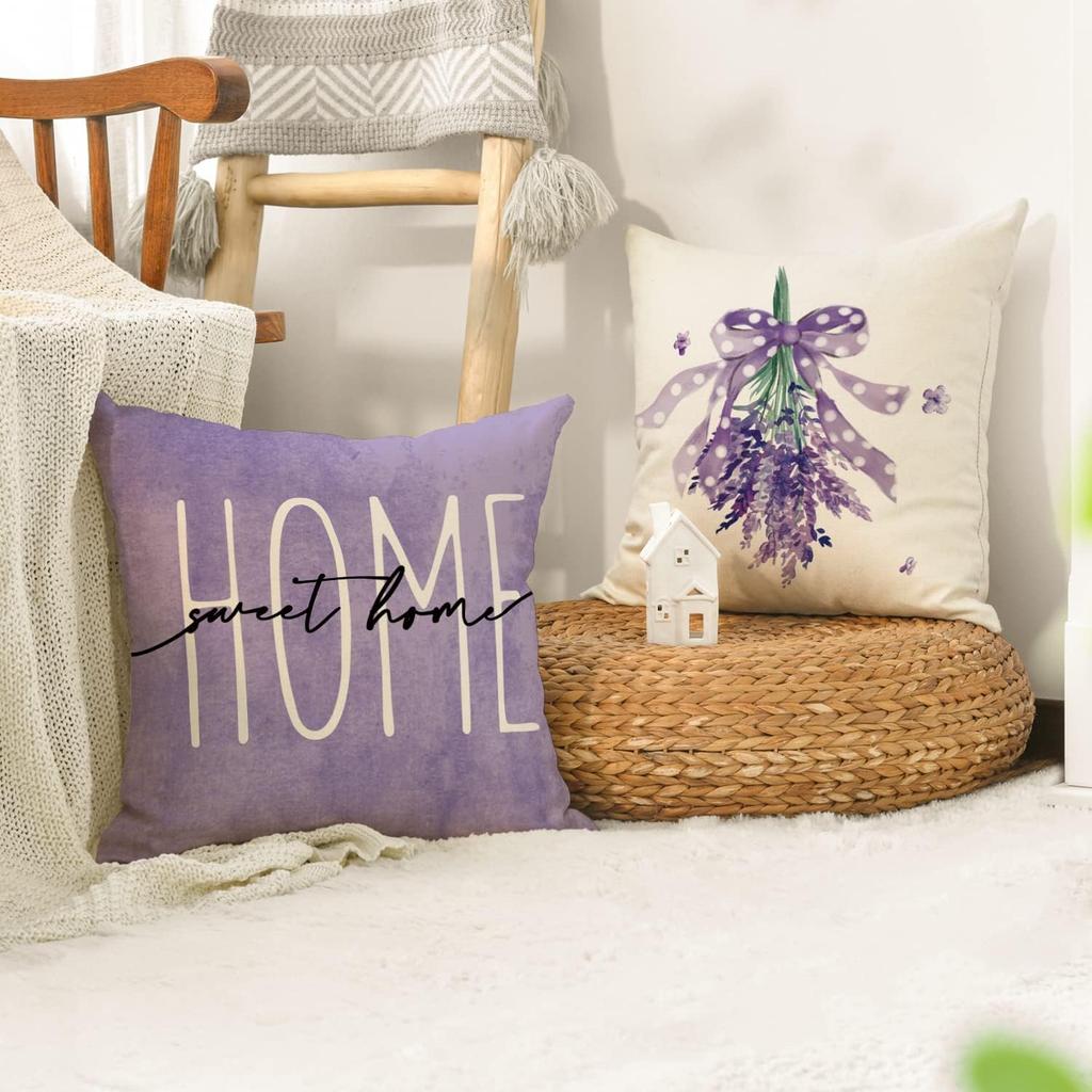 Lavender Home Sweet Home Pillow Covers – Spring Summer Purple Cushion – For Sofa Couch Bed Living Room Bedroom Home Decor