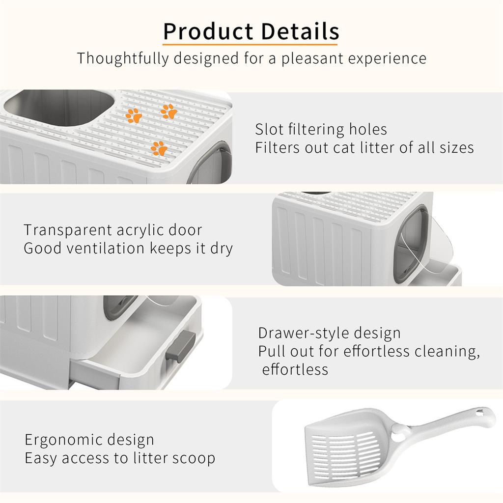 Cat Litter Box with Drawer,Enclosed Plastic Litter Box for Cat with Lid and Scoop,Front & Top Doors,Acrylic Window Little Box