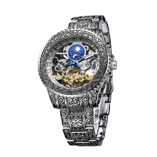 GHDVOP Men's Automatic Mechanical Watch with Stylish Openwork Design, Luminous Design, Waterproof, Multifunctional, Stainless Steel Band, Sapphire Cry