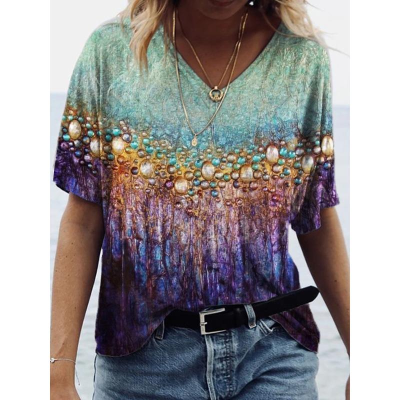 

Весна Лето V-образный вырез Тренд Женственная Мода Свободного кроя Женская футболка 5XL