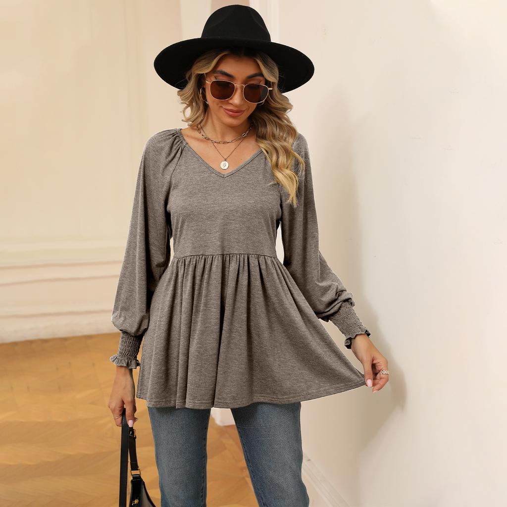 Women's Clothing Spring Autumn Tops V-neck T-shirt for Women Bubble Long Sleeve Elastic Waist Top