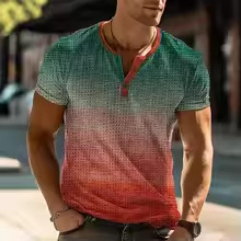 European and American semi-cardigan, casual short-sleeved digital printing slim-fit pullover Henry T-shirt top men's clothing
