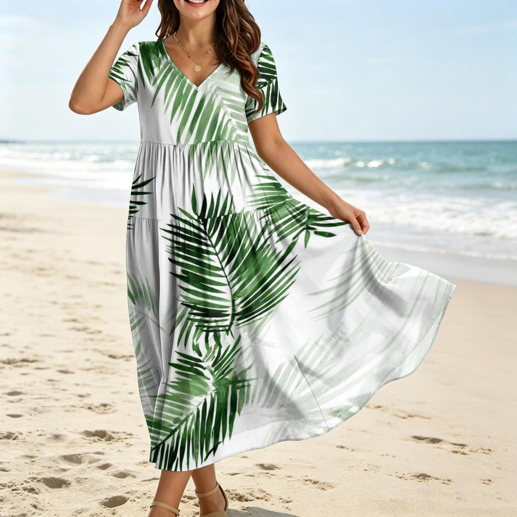Robe longue à fleurs style bohémien pour femmes, décontractée, ample, manches courtes, longue, Maxi, robe de plage, été