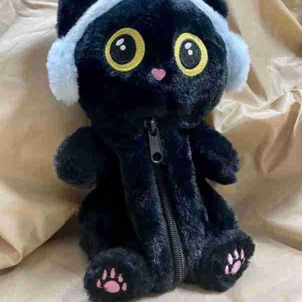 Fluffy Black Cat Pen Case With Large Capacity Student Stationery Organizer For Cute Desk Decor