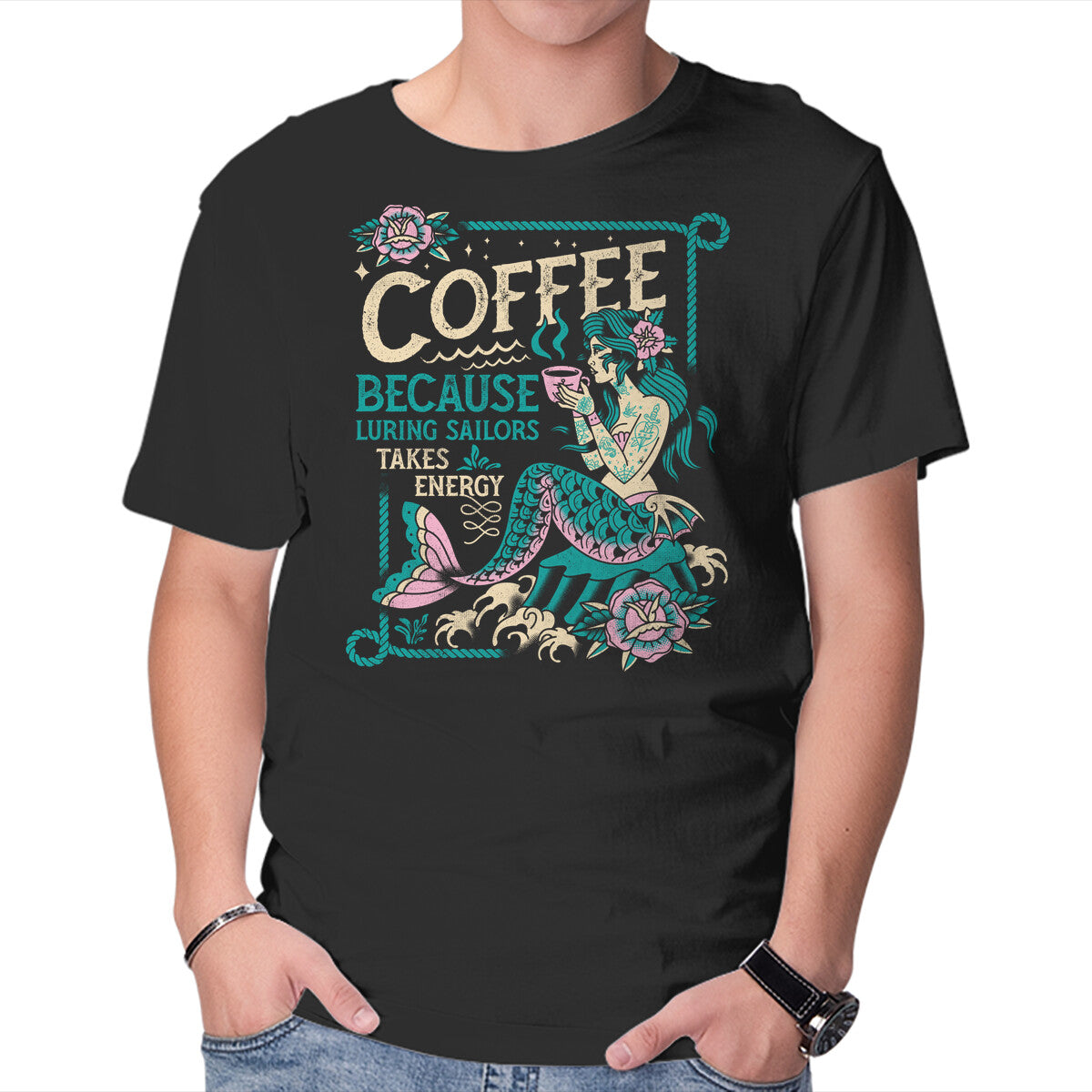 Unisex Crew Neck T-Shirt Coffee Mermaid Graphic Short Sleeve Casual Tee XL