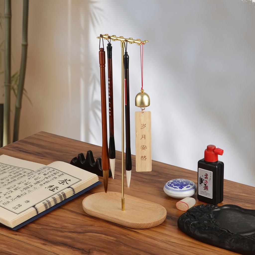 Chinese Zodiac Brush Pen Holder with Beechwood Base Calligraphy Rest Ink Hanger 12 Hooks Writing Brush Holder School Stationery