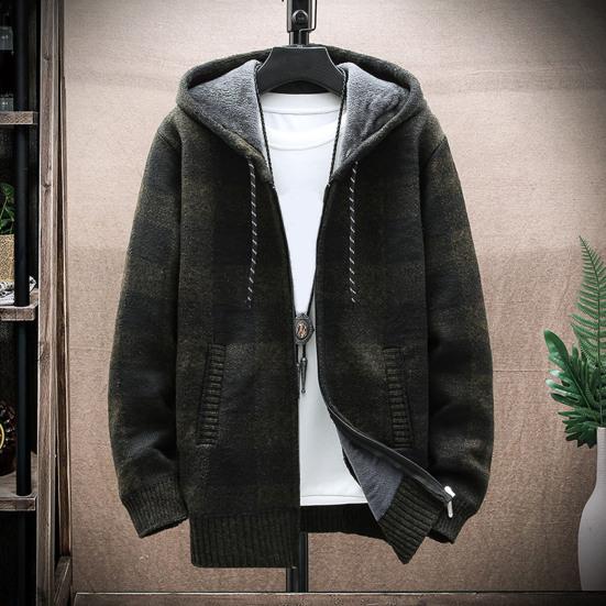 Zimowa męska bluza z kapturem Pluszowy dzianinowy płaszcz Długie rękawy Zapinana na zamek z kapturem Odzież wierzchnia Luźny krój Kraciasty wzór Gruba ciepła Podwójne kieszenie Sport Outdoor Praca Codzienna