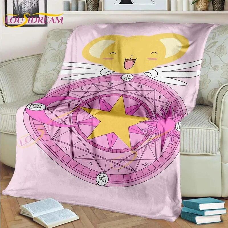 Anime Card Captor Sakura Blanket Cartoon Blanket Sakura-Star Crest Flannel Blanket Pink Blanket for Sofa Bed Girl Room Decor