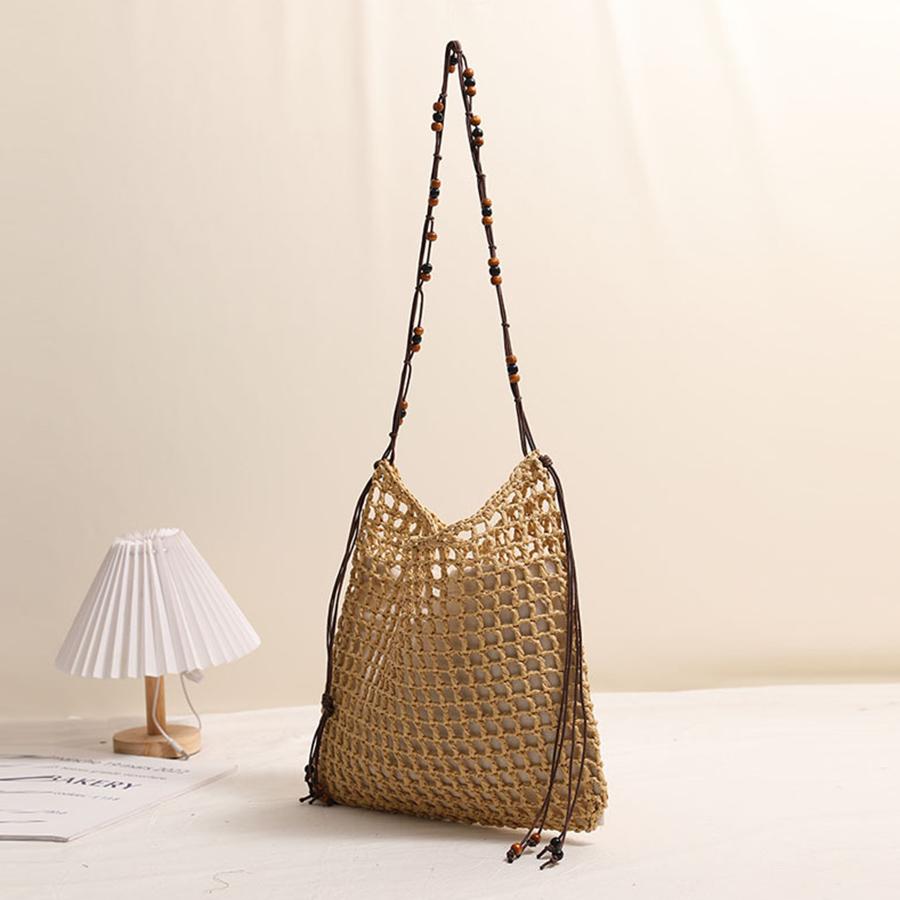 Beaded shoulder strap single-shoulder square straw woven bag hollow out shoulder bags solid color tassels handbags beach clutch