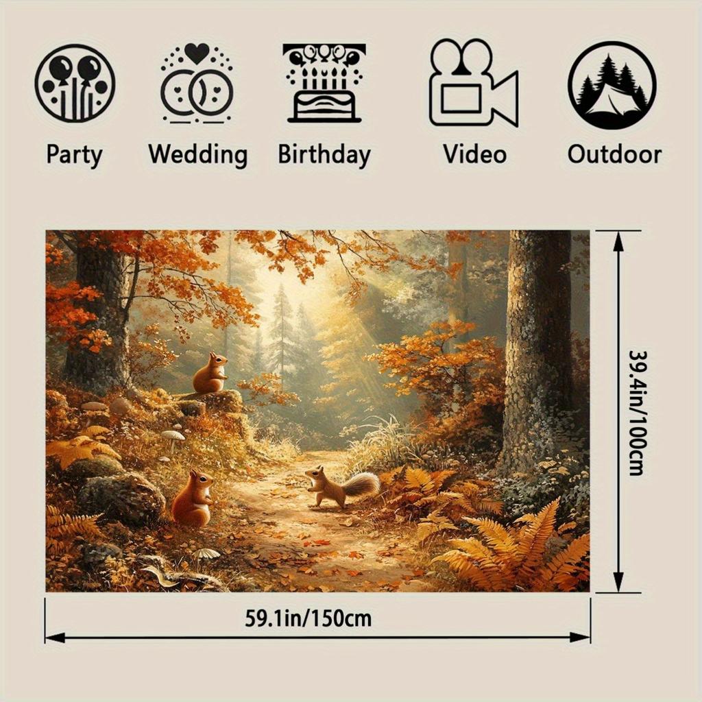 A realistic banner depicting a forest scene in autumn with frost featuring scenes of foxes and squirrels.PMJ