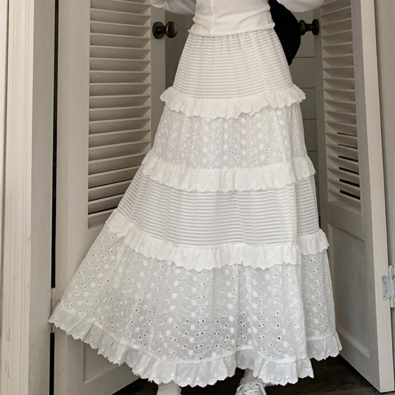 Vysoce kvalitní bílé roztomilé sukně pro ženy letní s vysokým pasem áčková sukně dlouhá sukně háčkovaný květ