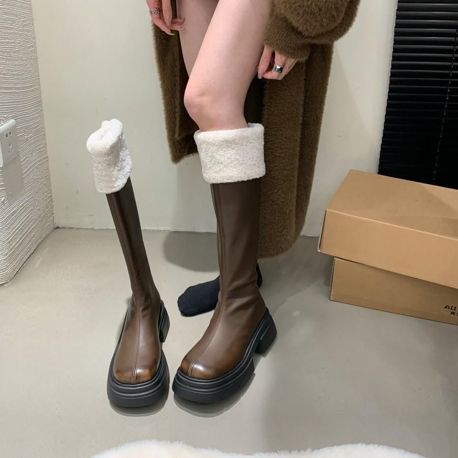 Boots for Women~ Autumn and Winter New Round Head Plush Thick-soled White Boots Medium Long Knight Boots for Women