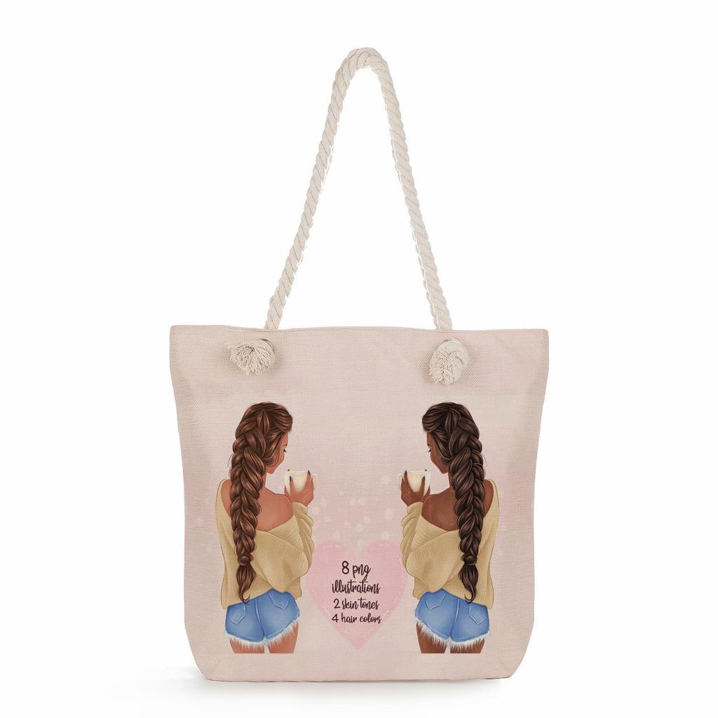 Sisters Print Thick Rope Single-shoulder Beach Bag 7275 CLE