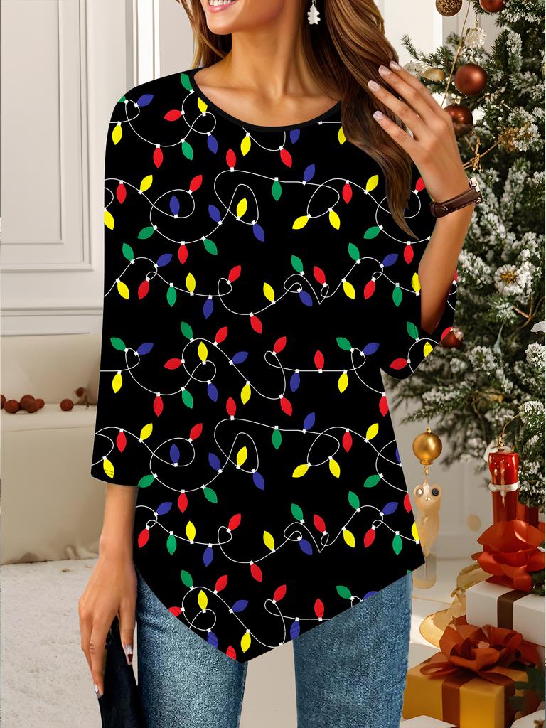 Women's Loose Round Neck Three Quarter Sleeve Tee 3D Christmas Pattern Ideal Halloween and Christmas Gift