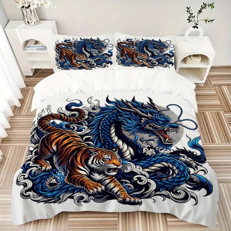3pcs Blue Dragon Vs Tiger Bedding Set - Includes Quilt Cover and Pillowcases, Suitable for All Seasons, Machine Washable - Ideal Gift for Family
