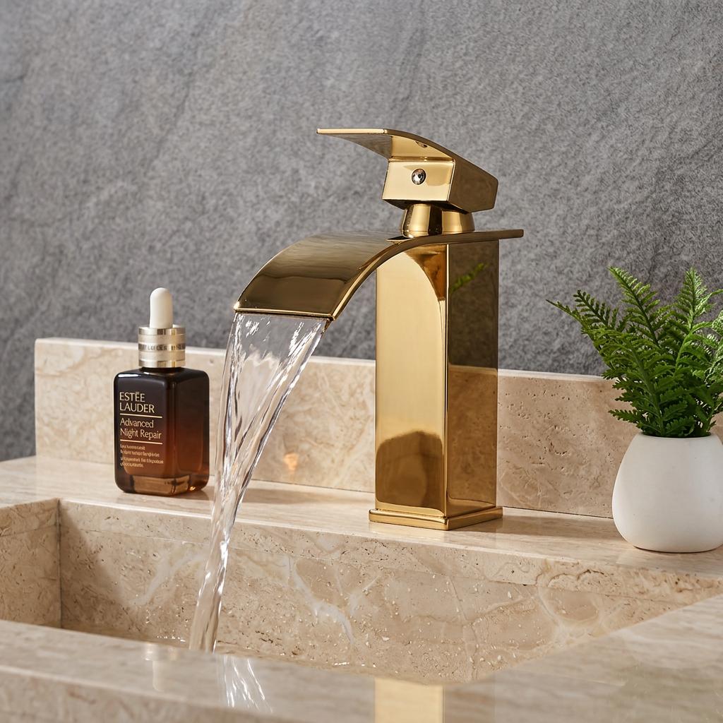 Single-Hole Stainless Steel Polished Modern Square Design Single Handle Deck Bathroom Ceramic Valve Core Waterfall Basin Mixer