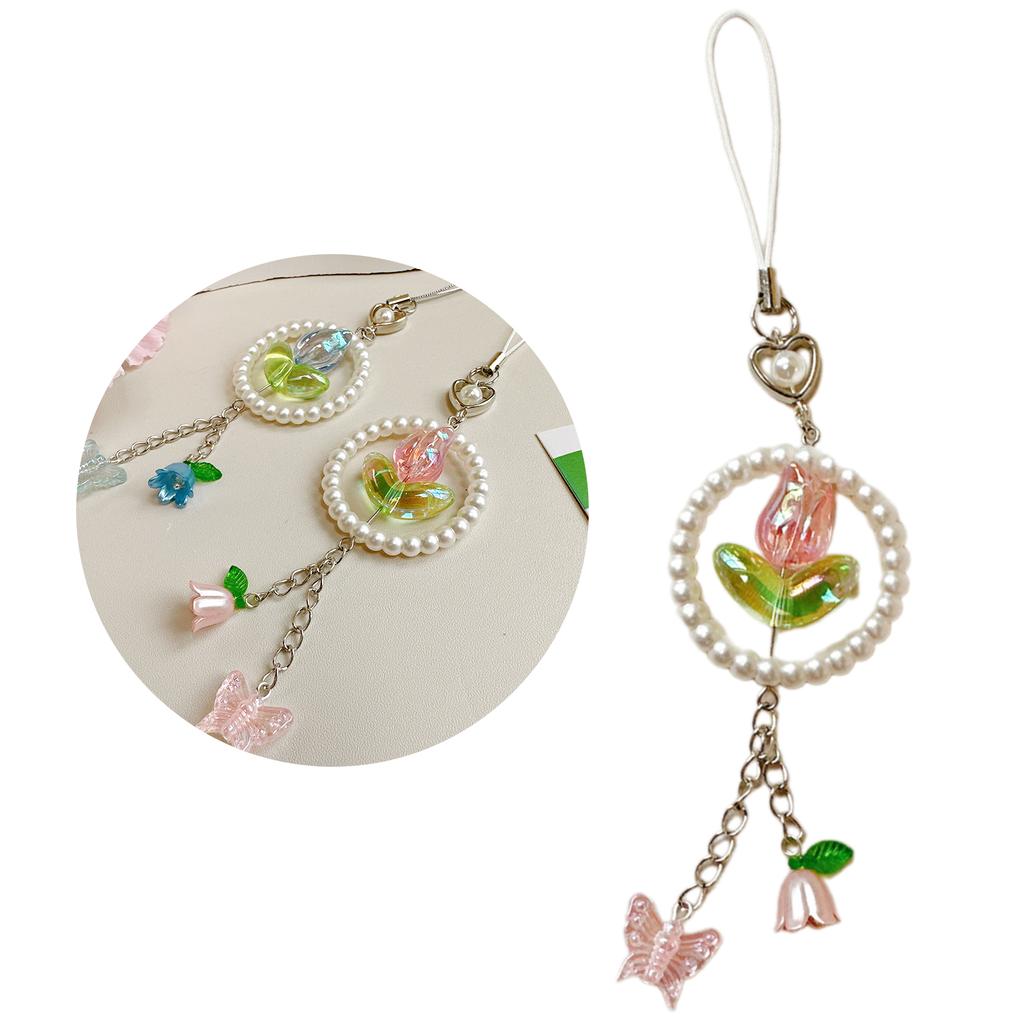 Elegant Flower Butterfly Phone Charm Beaded Keychain Acrylic Mobile Accessory Bag Pendant Keyring for Fashionable Women
