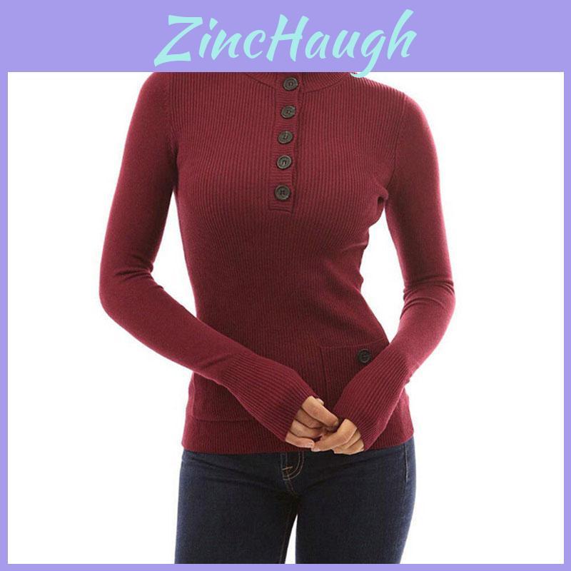 Top casual a collo alto a maniche lunghe da donna, maglione in maglia, T-shirt con bottoni, camicetta, in tessuti di alta qualità per il comfort di tutto il giorno