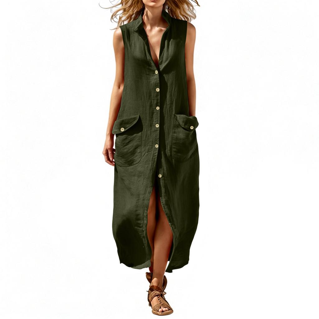 Sleeveless Button Down Shirt Dress with Front Pockets and Collared Neckline for Women Casual Loose Fit Long Dress