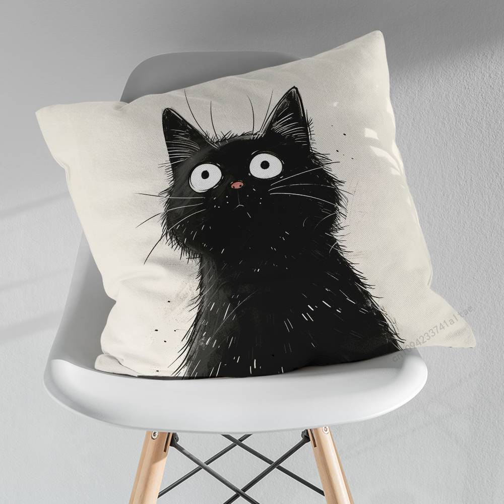 Cute Black Cat Cartoon Art Pillowcase for Sofa Room Office Decor Printing Merchandise AllMatch Cushion Cover