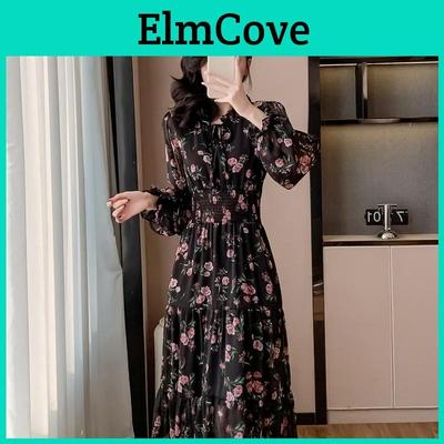 Chiffon Floral Ruffle Dress With Slim Waist For Vacation Beach Wear