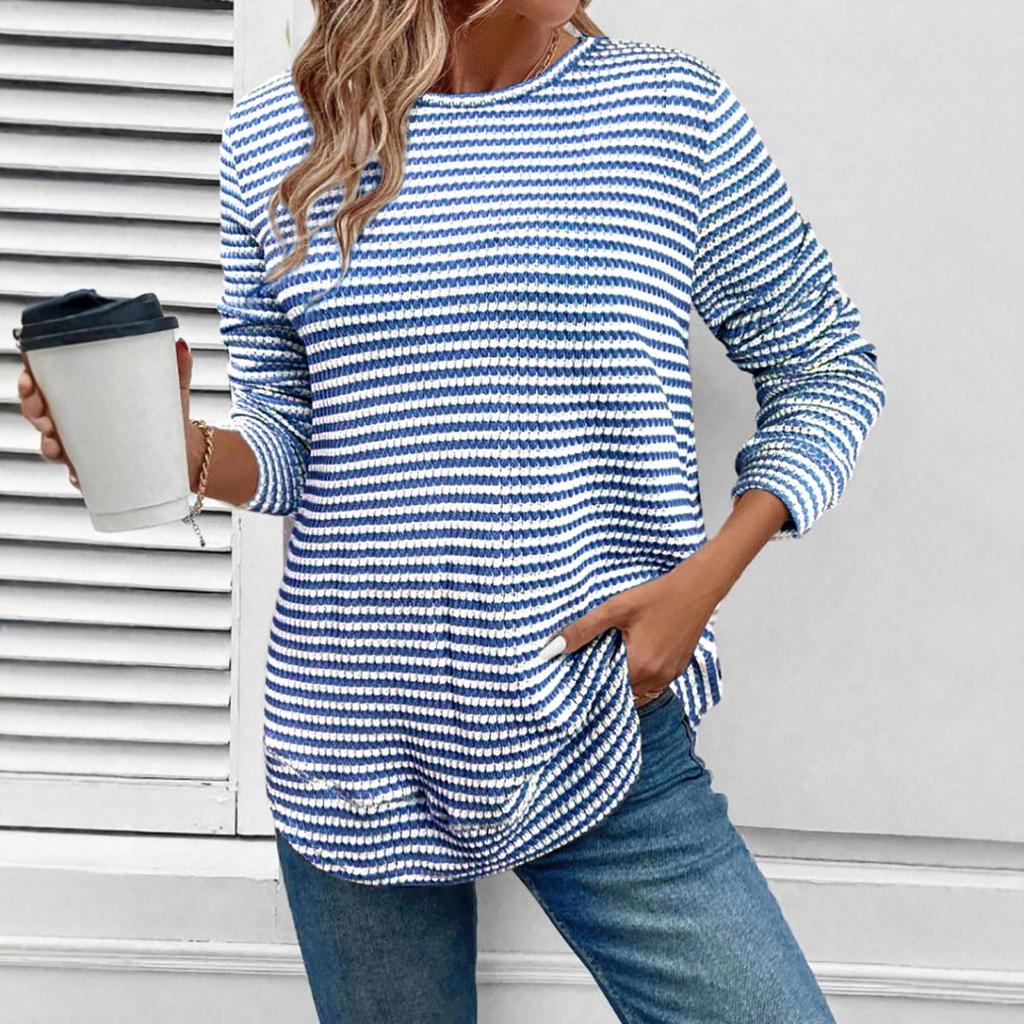 Women's Casual Long Sleeve Knit Hollow Stripe Round Neck Pullover T-shirt Top, Autumn Winter Fashion Top for Crossborder