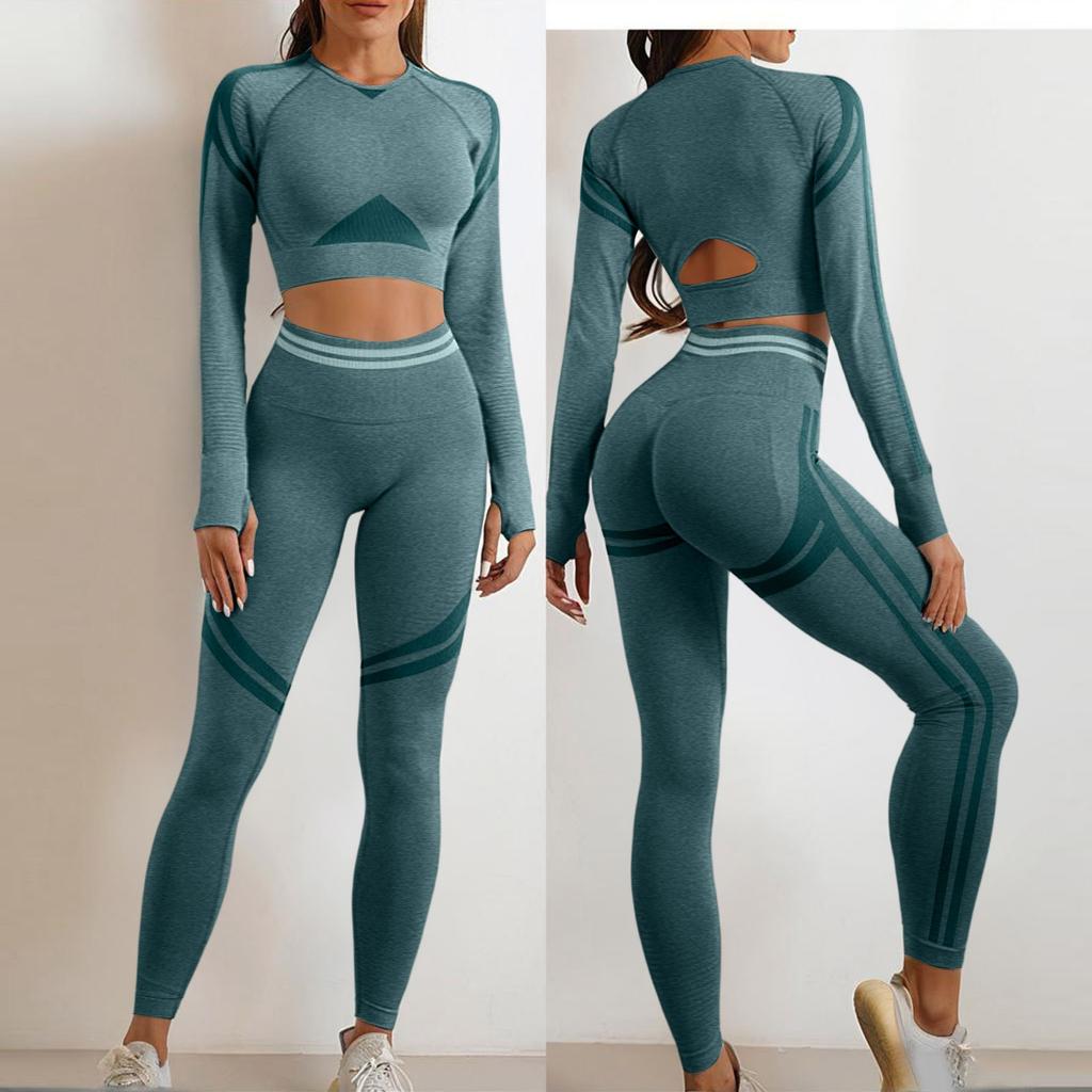 Women’s Seamless High Waist Leggings and Long Sleeve Crop Top Set Stretchy Workout Yoga Athletic Outfit
