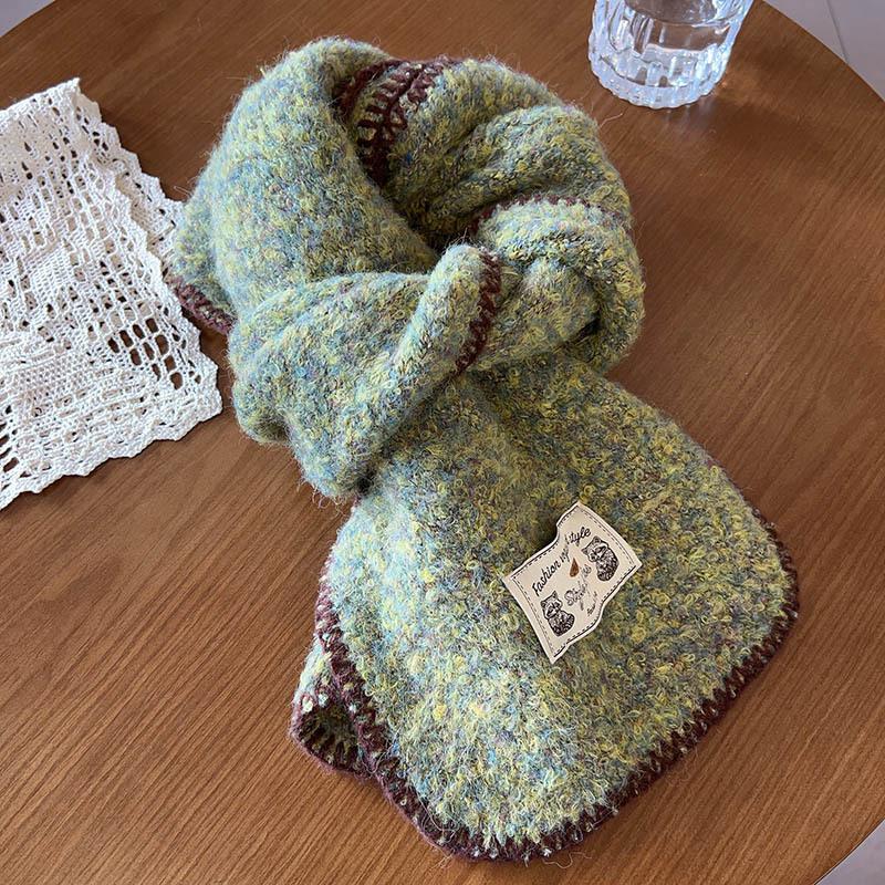 New Style Knitted Contrasting Edged Scarf for Women High End Retro Thickened and Warm Korean Version All Match Scarf for Winter