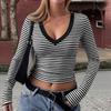 Women's Striped Long Sleeve V-Neck T-Shirt Slim Fit