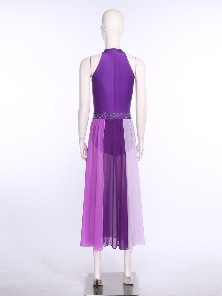 Rhinestone Color Block Mesh Leotard for Women S-XXL: Sleeveless Slit Hem Bodysuit Dress for Lyrical Contemporary Dance Costume