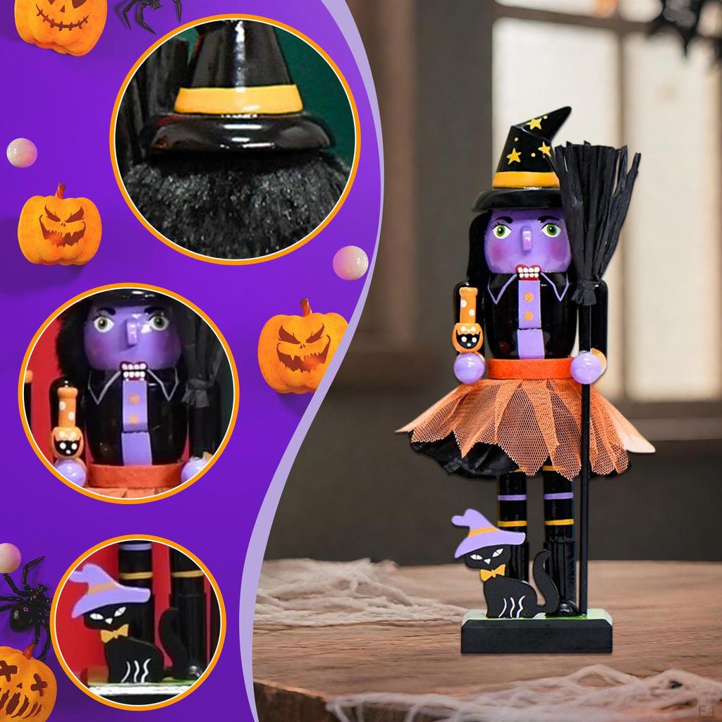 Halloween Nutcracker Figure Decorative Home Decor Painted 10 Inch Wooden Puppet Figurine for Shelves