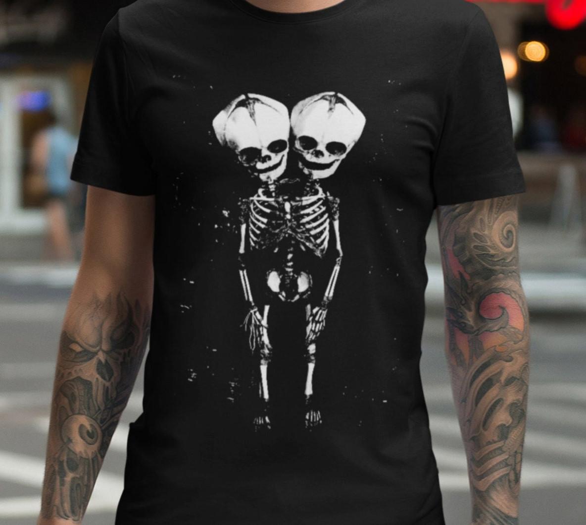 Two Headed Skeleton T-Shirt Mens Womens Tees Top Goth Punk Horror Metal Oddity Unisex Tee S