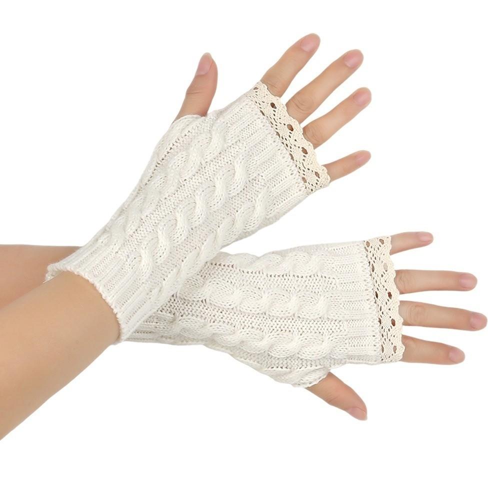 Long Fingerless Mittens Lace Trim Women Knitted Gloves Fashion Arm Warmers Writting Friendly
