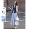 Lyocell Faux Denim Embroidered Vest & Strap Dress Set