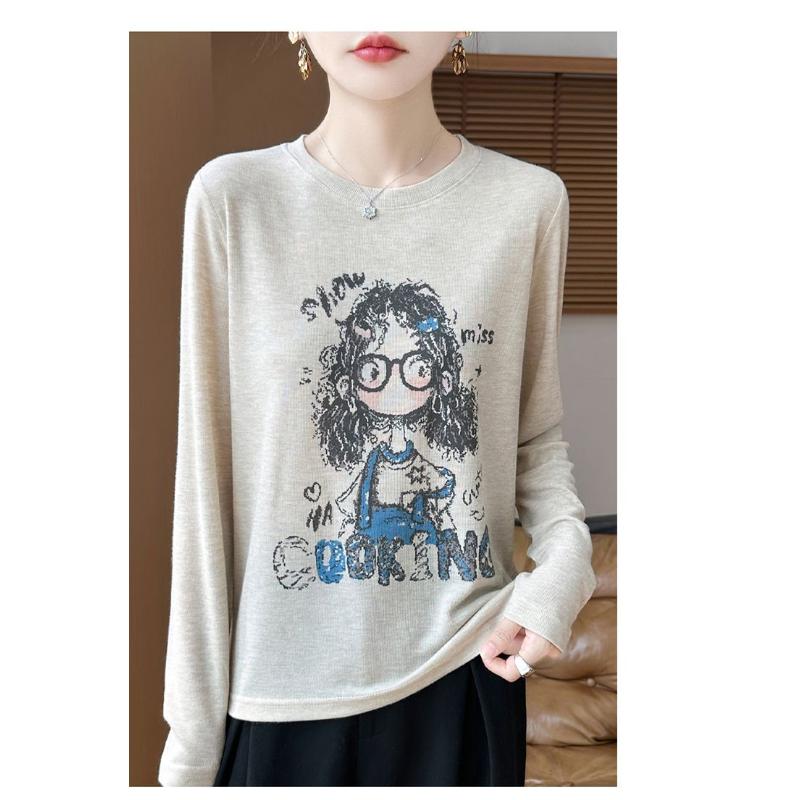 Autumn Printed Long-sleeved T-shirt Loose Cartoon Blouse 2025 New Age-reducing Top Thin Inner Wear